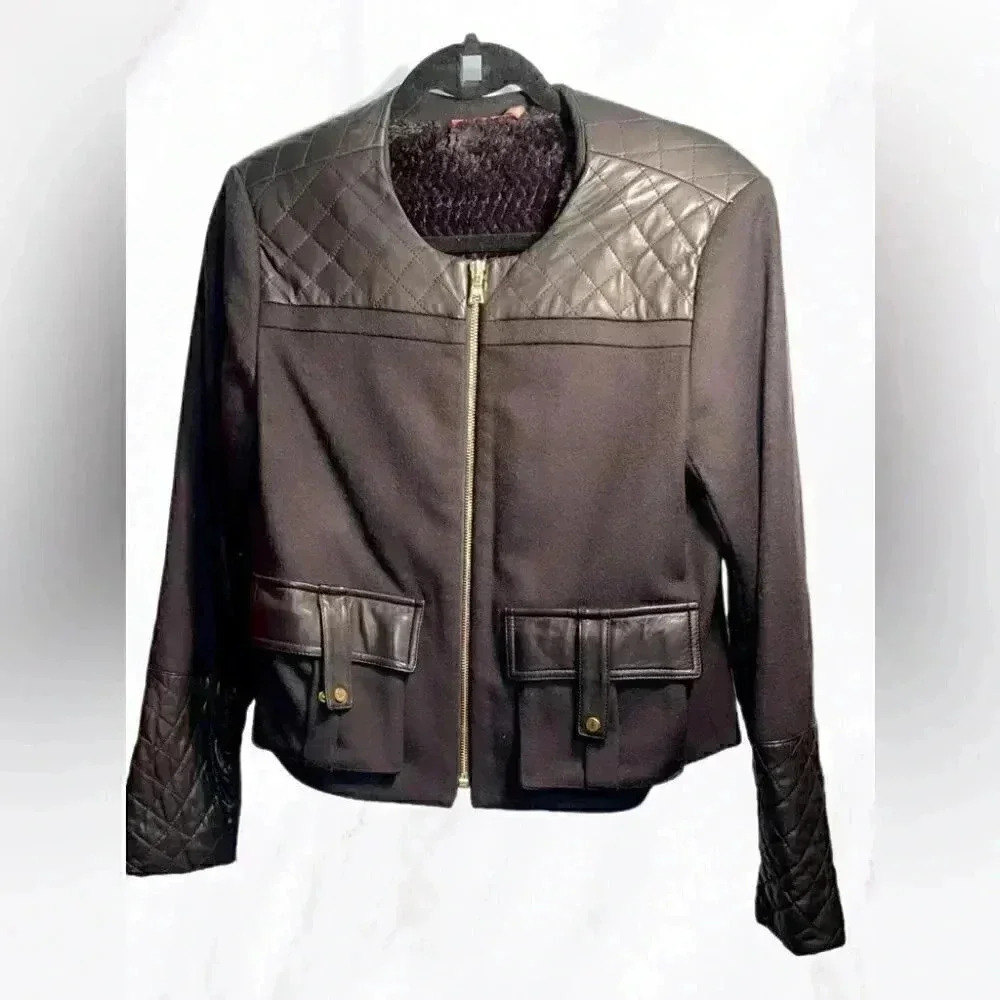 Alice + Olivia Wool Cashmere Leather Trim Jacket | Quilted, Black S - Picture 2 of 5